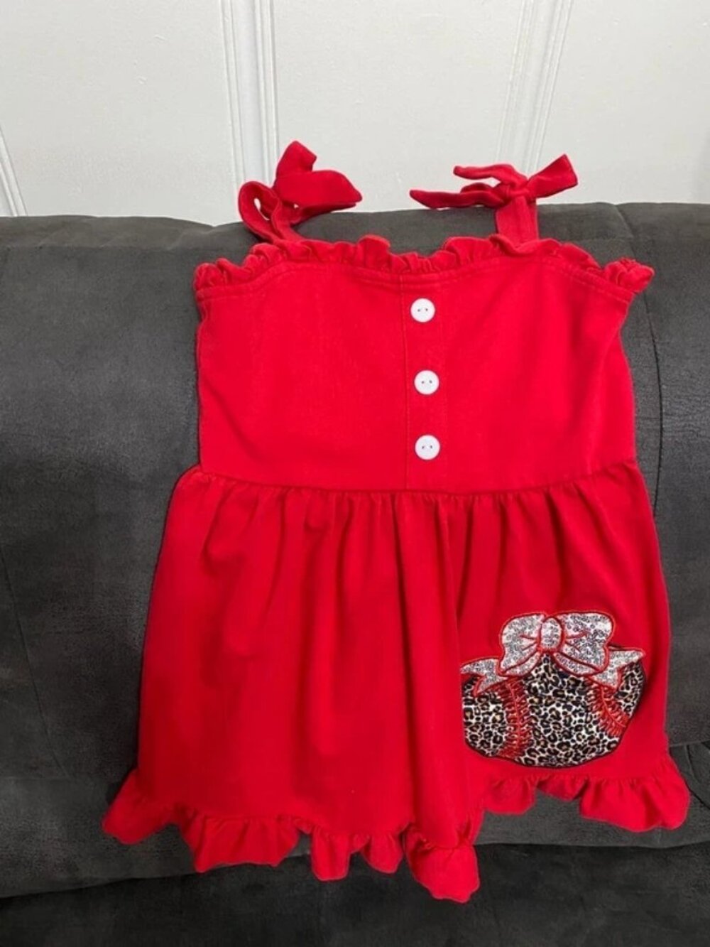 Girls Red Baseball Ruffle Dress Sequin Leopard Bow Size L
